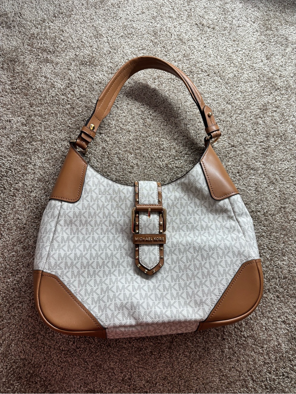 Michael Kors White MK Logo Shoulder Bag with Tan Trim